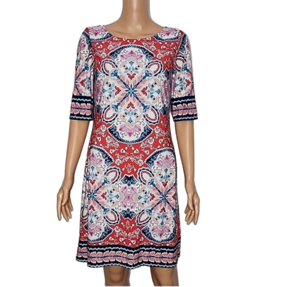 ELIZA J‎  RED BLUE LINED SHORT SLEEVE SHIFT DRESS BACK ZIPPER SIZE 8 MEDIUM